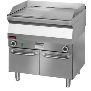 700.PBE-800GR.S.D Płyta grillowa 1/2gł. + 1/2ryf. chromowana 800 mm 9,6kW na podstawie szafkowej zamkniętej